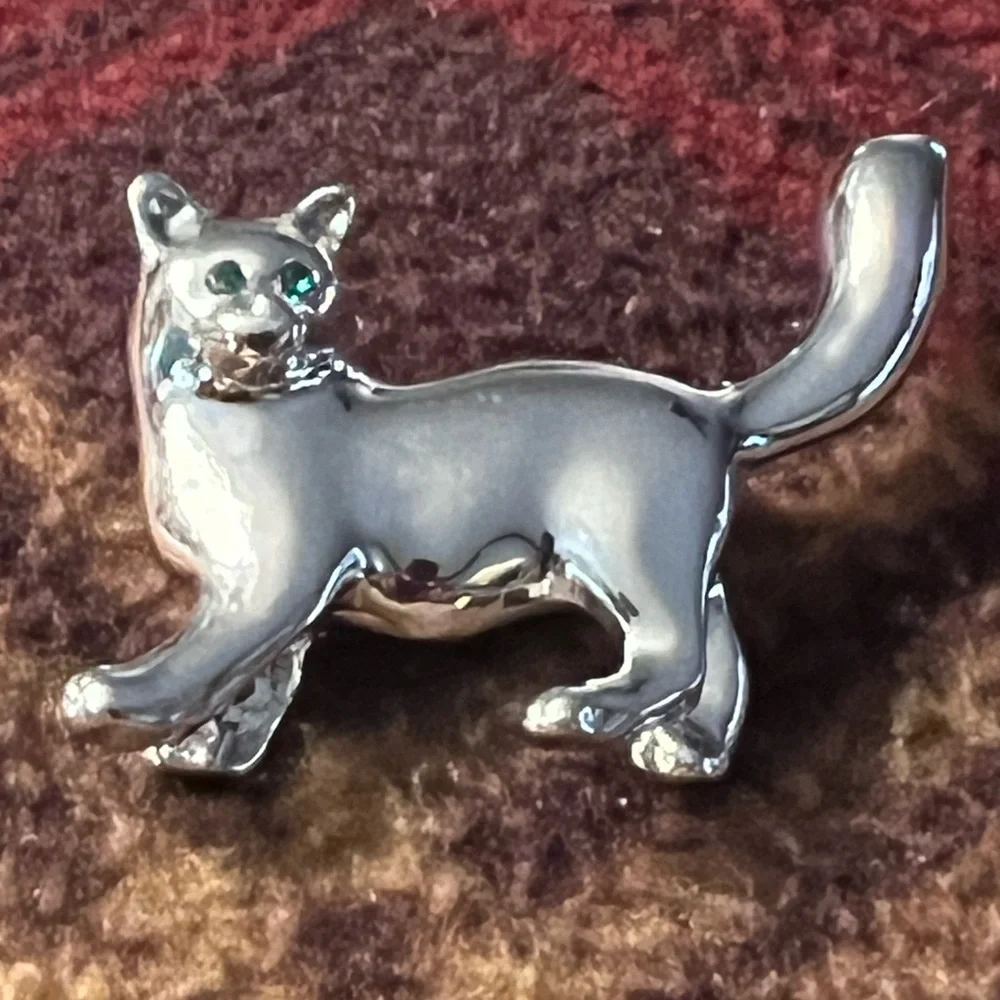 Silver Cat Pin Brooch - Metallic Gray Cat Accent